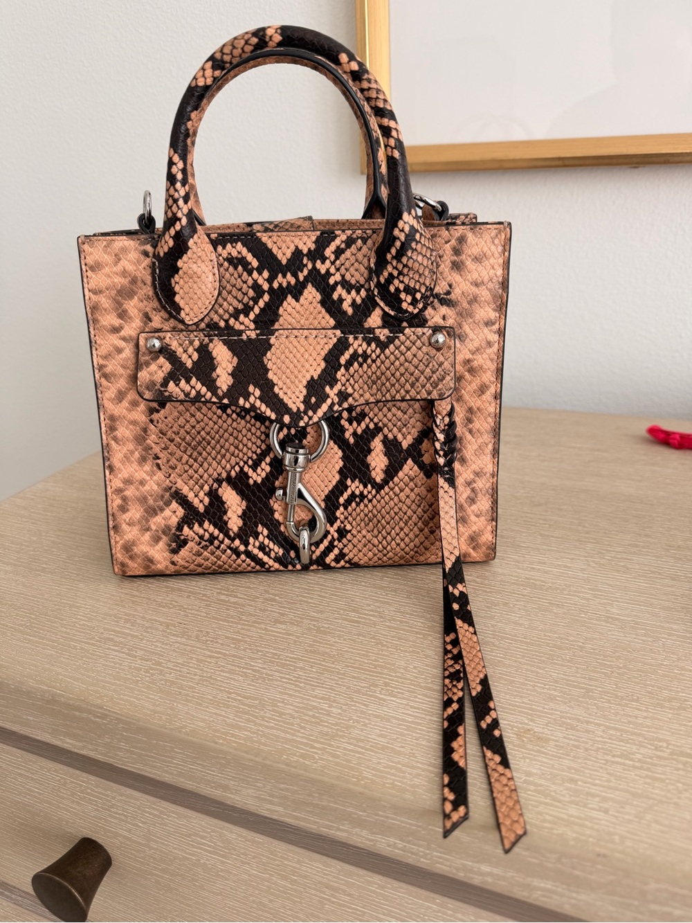 Rebecca Minkoff Copper and Black Mini Snake-Print Top-Handle Bag